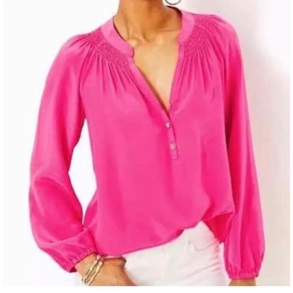 Lilly Pulitzer Elsa Pink 100% Silk Smocked V-Neck Long Sleeve Blouse Sz Lg